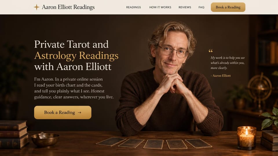 Astrology website design, tarot and astrology with the reader's own quote: dark brown room, a cream and gold serif headline, a gold button and an italic quote beside a smiling reader in glasses with five cards on the table