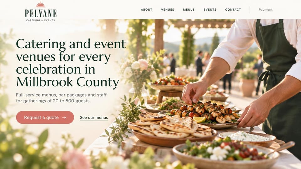 Catering website design, catering and venues over a sunlit outdoor buffet: cream header with a small cloche logo, a hazy golden photo of a server in a green apron arranging flatbreads, skewers and salads on a long outdoor table, a large dark green serif headline, a coral quote button and an underlined menus link