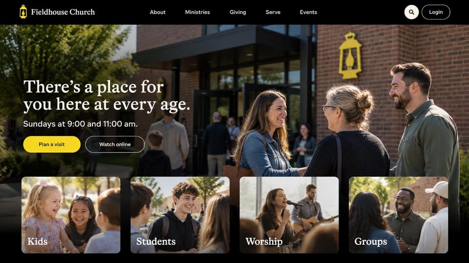 Church website design, family church with a card for every age: a family arriving at a church door, white serif headline, a yellow button and four photo cards below