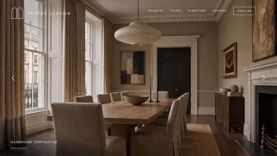 Interior design website design, townhouse projects in a full-screen slideshow: a full-screen Georgian dining room in taupe, a white uppercase menu, an outlined enquire button and arrows