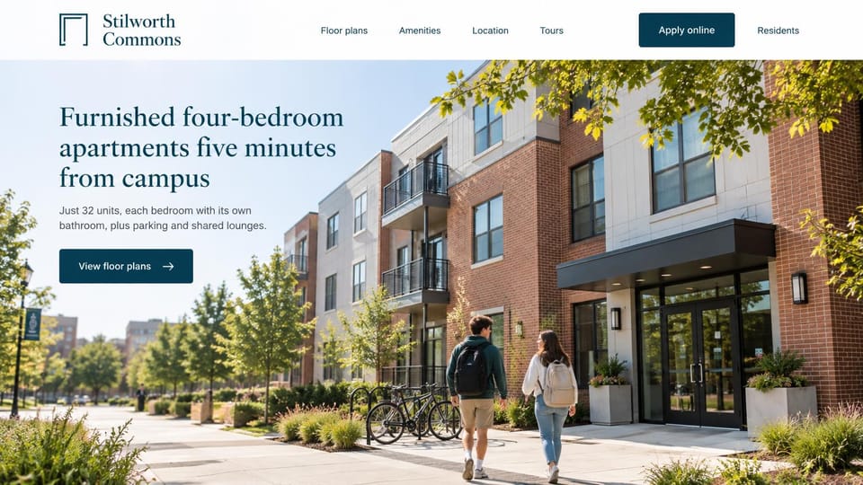 Apartment website design, student apartments in a small brick building: white header with a navy apply button, a sunny brick building with balconies and two students with backpacks walking to the door, navy serif headline