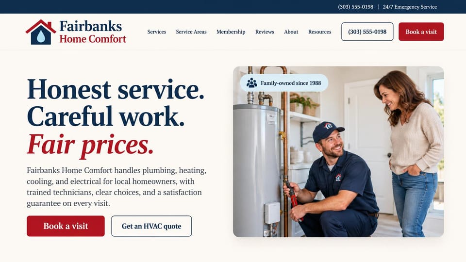 Plumbing website design, plumbing, heating and electrical with a serif promise: cream page, large navy serif headline ending in red italics, a plumber at a water heater laughing with a homeowner, red and outlined buttons