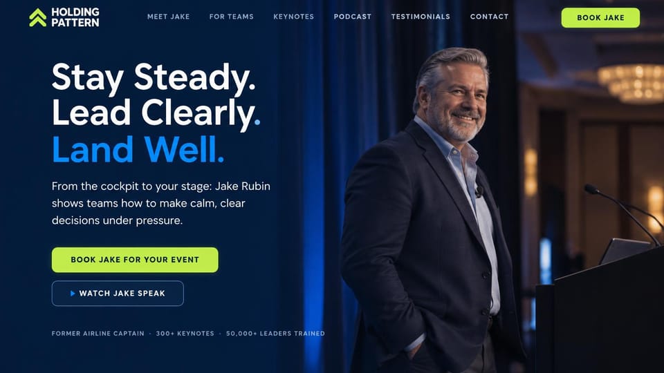 Speaker website design, former pilot speaking on calm decisions: dark blue stage with a smiling grey-haired speaker beside a lectern, white and blue bold sans headline, lime buttons