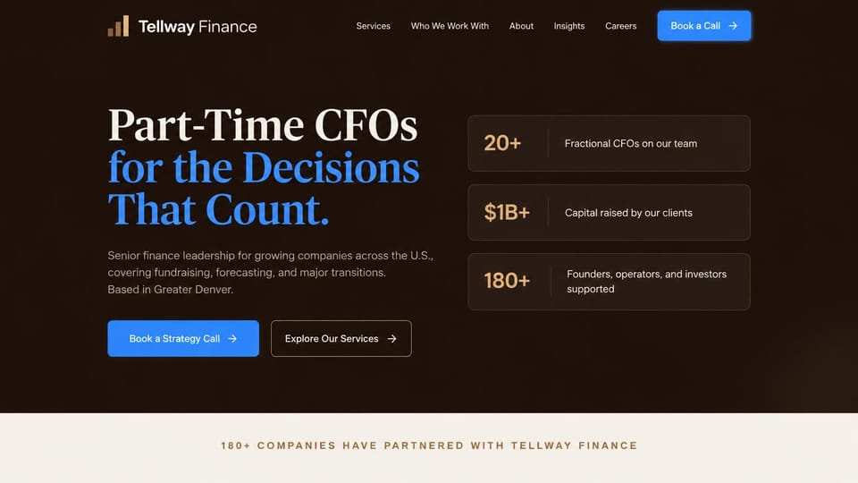 Accounting website design, part-time CFO firm with stat cards on dark brown: dark brown page, a large cream and blue serif headline, a blue strategy call button, an outlined services button and three stat cards with gold figures