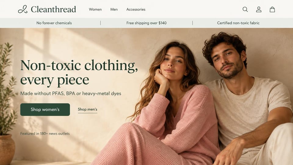 Fashion website design, non-toxic clothing with a promise strip under the menu: white header with a looped logo, a pale gray strip of three short promises, a warm plaster wall with a woman in a pink knit and a man in an oatmeal tee seated on the floor, a dark green serif headline, a dark green button and a text link