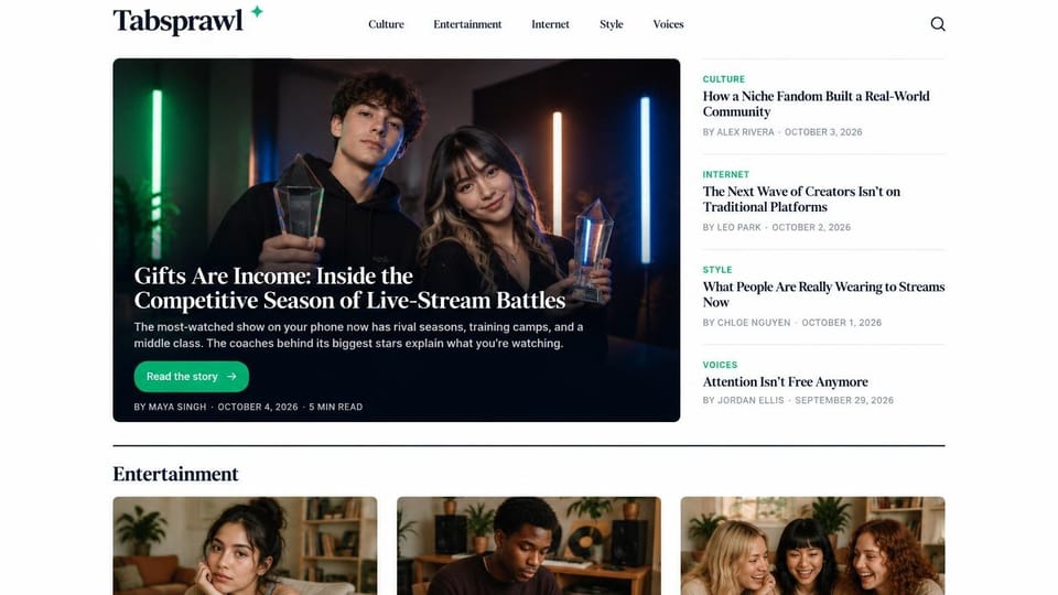 News and magazine website design, internet culture magazine with a dark feature card: white page, black serif wordmark with a green star, a dark card of two young creators holding glass trophies under neon lights, green section labels and serif headlines on the right