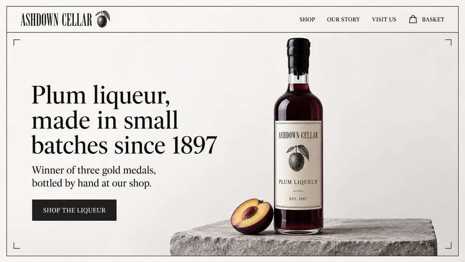 Winery and brewery website design, small-batch liqueur maker with one bottle: white page inside a thin frame, a condensed serif wordmark, a dark plum liqueur bottle and a halved plum on a stone slab, a black serif headline and a black button
