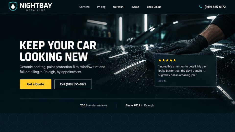 Car detailing website design, coating and tint shop with a review card on the photo: dark teal page, a white capital headline, a yellow quote button and an outlined call button, a gloved hand on a dark car covered in water beads, a review card on the right