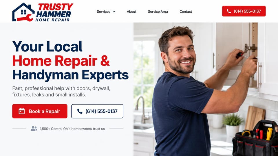 Handyman website design, home repair experts in red and navy: white page, a bold navy and red headline, a red button, an outlined phone button and a smiling handyman fixing a kitchen cabinet