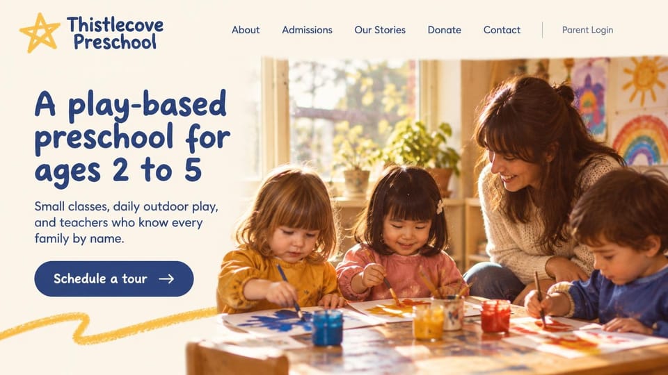 Daycare website design, play-based preschool with a sunlit painting table: cream page fading into a warm golden photo of a smiling teacher with three children painting at a table with paint jars, a big rounded navy headline, a navy pill tour button and a yellow star logo with a crayon squiggle