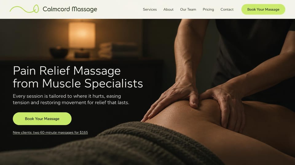 Massage therapist website design, pain relief massage with a new client offer: dark brown photo of hands working on a client's back, a white sans headline and a lime button