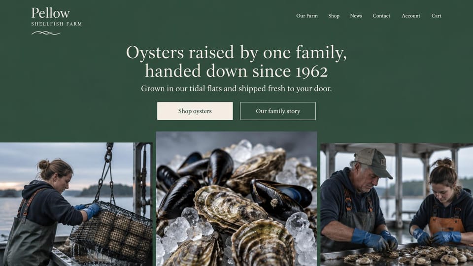 Farm website design, shellfish farm with a row of three photos: deep green page, centered white serif headline, two buttons, three photos of a farmer hauling an oyster cage, oysters on ice and shucking