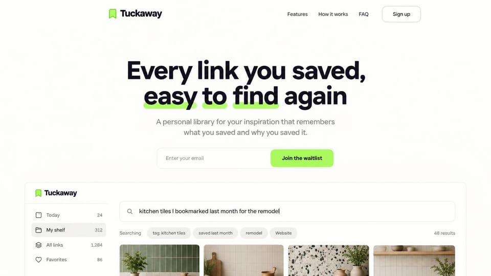 SaaS website design, consumer app waitlist with a search demo: white page, black headline with a green highlight, an email field and a saved-links search preview