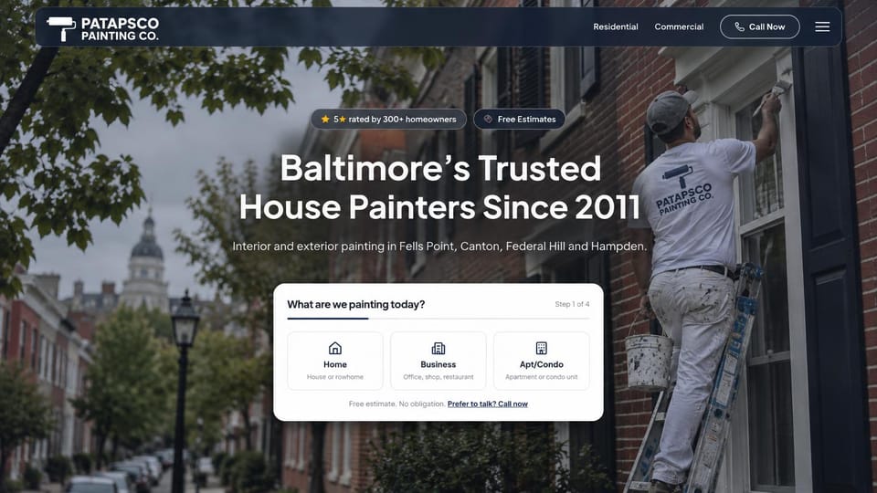 Painting website design, city house painters with a step-by-step quote: dark photo of a painter on a ladder on a street of brick rowhouses, a centered white headline, a white quote card with three choices