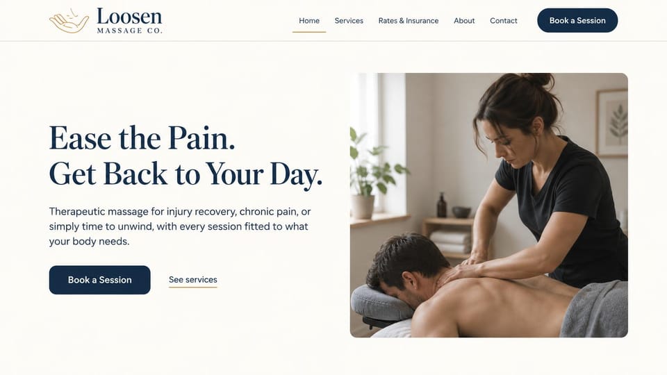 Massage therapist website design, therapeutic massage with rates and insurance: white page, a navy serif headline beside a framed photo of a therapist massaging a man's shoulders, a navy button