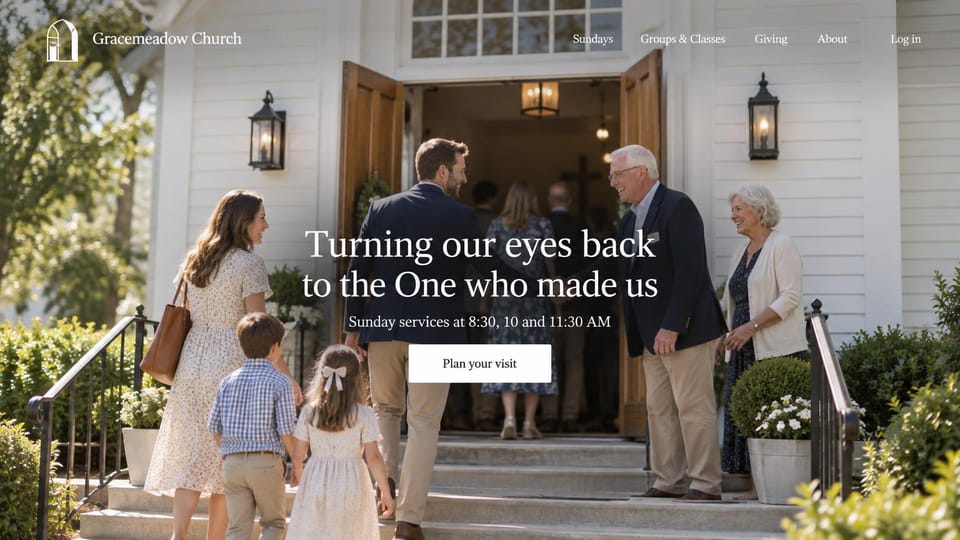 Church website design, white chapel with families arriving: families entering a white clapboard church with lanterns, a centered white serif headline