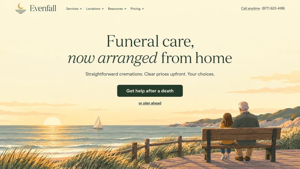 Funeral home website design, online cremation arranged from home: pale yellow page, a centered serif headline with an italic phrase, a dark green button, a golden illustration of a grandparent and child on a bench by the sea
