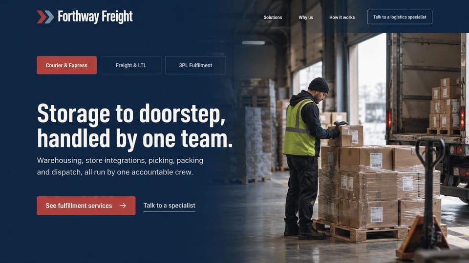 Logistics website design, fulfillment and courier with service tabs: navy page, condensed white headline under three service tabs, a worker in a safety vest scanning a wrapped pallet in a warehouse, red button