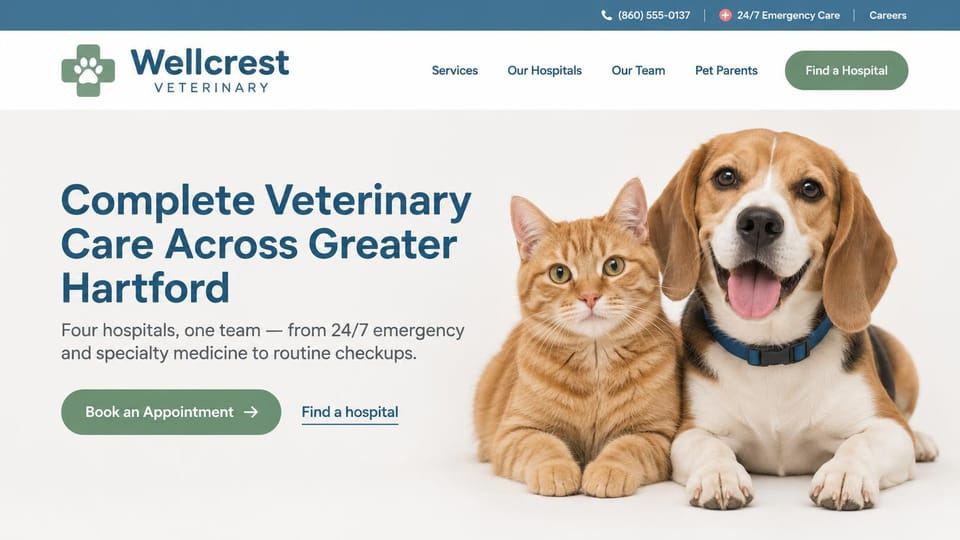Veterinary website design, hospital group with a cat and beagle on white: blue top bar with the emergency line, white page, teal sans headline at left, green book button, an orange cat and a beagle sitting side by side