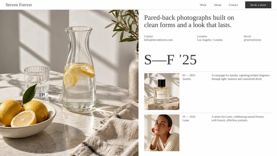 Photography website design, commercial still life with recent projects: warm white page, a sunlit still life of lemons and a glass carafe beside a serif intro and a project list