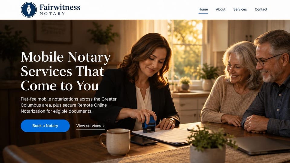 Notary website design, mobile notary in golden light: a warm golden kitchen photo under a dark overlay, a white serif headline, a blue button, a notary stamping a document for an older couple
