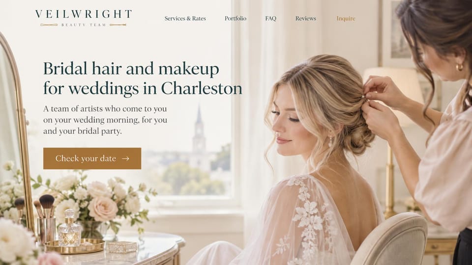 Makeup artist website design, bridal team with a sunlit getting-ready room: ivory page, a dark green serif headline, a gold date button, an artist pinning a bride's updo by a sunny window beside a vanity with brushes and roses
