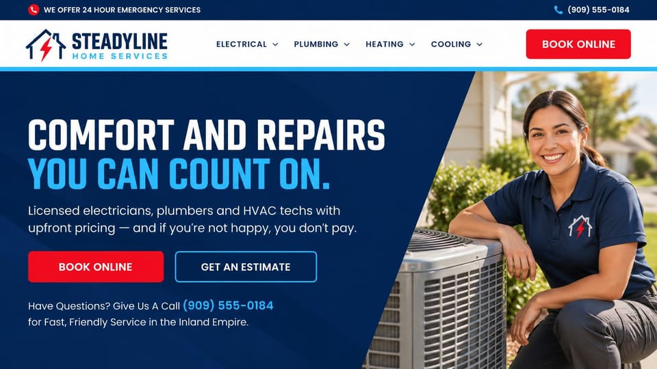 Contractor website design, electricians and HVAC with a guarantee: navy diagonal panel with a bold condensed headline in white and blue beside a smiling technician
