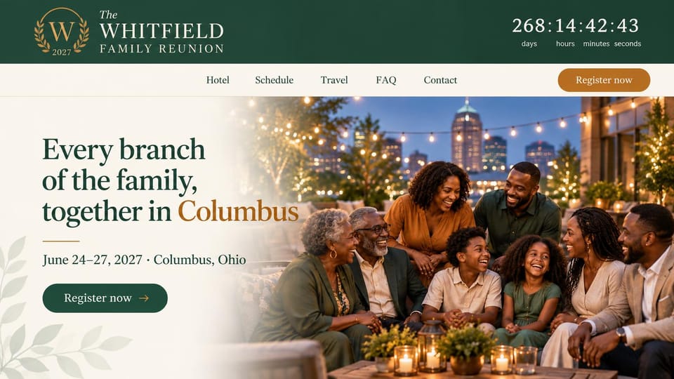 Event website design, city family reunion with a countdown: deep green header with a gold laurel crest and a countdown, a cream panel with a green serif headline, and a multigenerational family laughing on a lit city rooftop