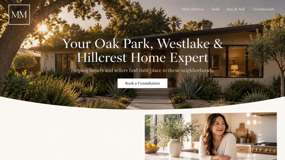 Real estate website design, neighborhood specialist with a curved hero: a sunlit mid-century home under a centered serif headline, a cream curve and an agent photo below