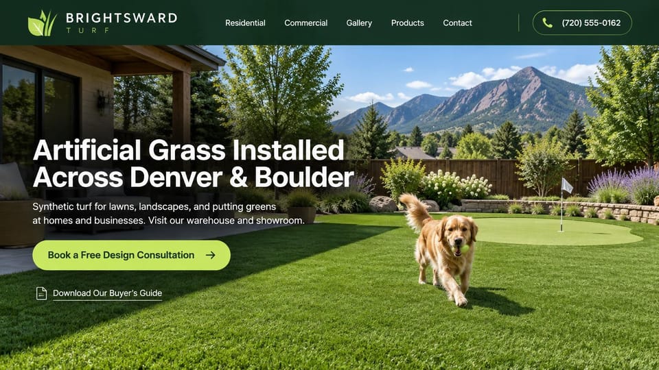 Landscaping website design, artificial turf installer with a buyer's guide: dark green menu bar, full-width photo of a backyard with artificial grass, a putting green, a golden retriever and mountains, bold white sans headline and lime consultation button at the left