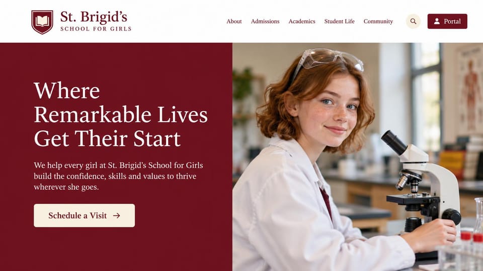School website design, girls' school with a burgundy split: white header, a burgundy text panel beside a student in a lab coat at a microscope