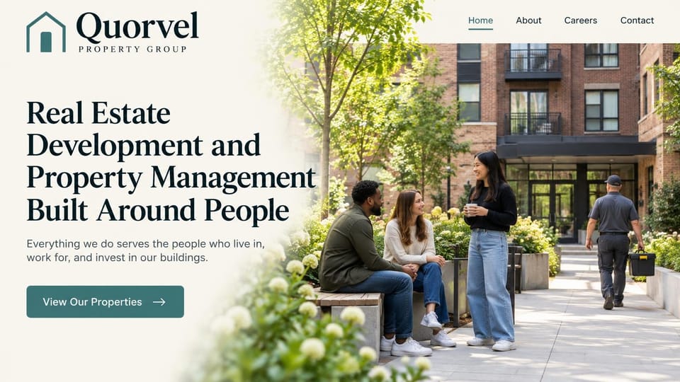Property management website design, development and management built around people: cream page fading into a photo of residents chatting in a leafy brick courtyard with a maintenance worker passing, a teal house logo, a dark serif headline and a teal view properties button