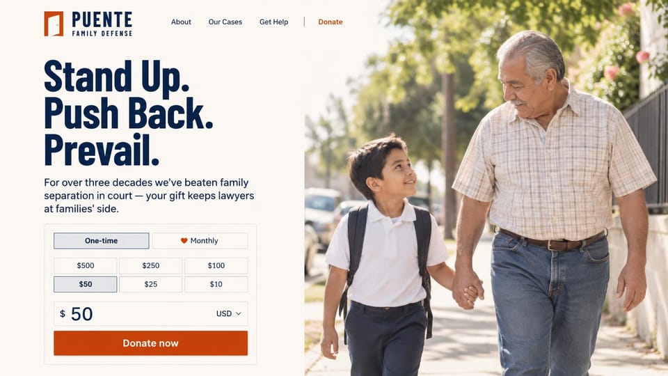 Nonprofit website design, legal aid with the donation form in view: cream and navy, a grandfather walking a boy to school beside a donation form with amount buttons