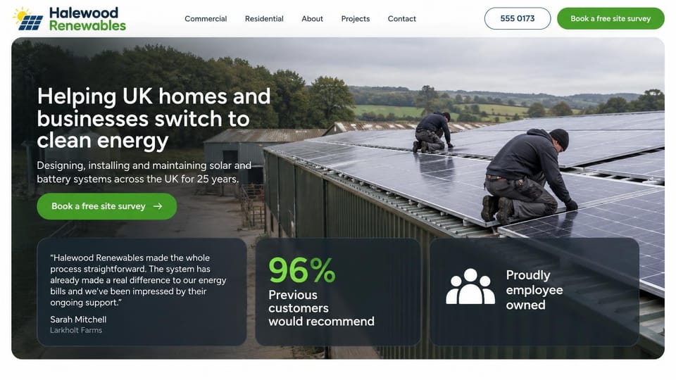 Solar website design, home and business solar with trust panels on the photo: white header with a phone pill and a green survey button, a rounded photo of two installers fitting panels on a long farm building roof, a white headline, three dark translucent cards with a quote, a large green figure and a people icon