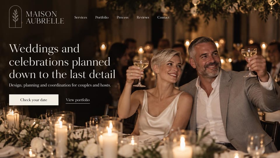 Wedding planner website design, weddings and private celebrations with a candlelit toast: dark candlelit reception, a silver-haired couple raising glasses at a long table, a large cream serif headline on the left, a cream date button and a portfolio link