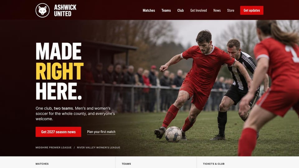 Sports team website design, community soccer club for men and women: deep maroon header, a player in red dribbling past an opponent in black and white stripes, a stacked white and yellow headline and a red button
