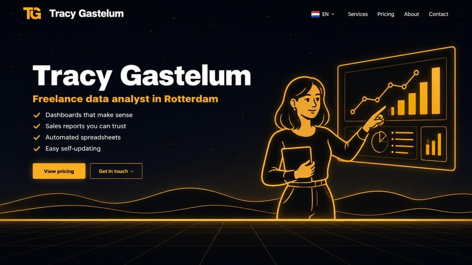 Developer portfolio website design, freelance data analyst in glowing gold: black page with glowing gold lines, a large white name, a gold pricing button and a drawn analyst at a chart screen