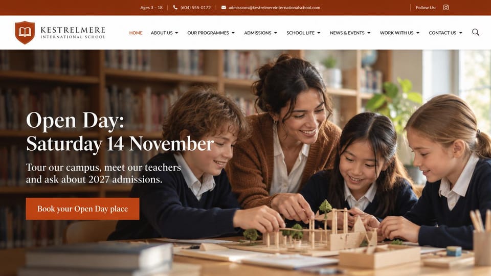 School website design, international school with a warm library photo: rust top bar, white header with a shield logo, a warm library photo of students and a teacher building a model house, a rust button