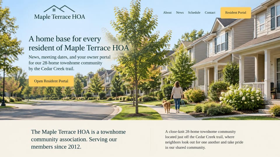 HOA website design, townhome association with one portal button: full-width photo of a sunny townhome street with a woman and dog, a dark serif headline, yellow portal buttons and a cream about band