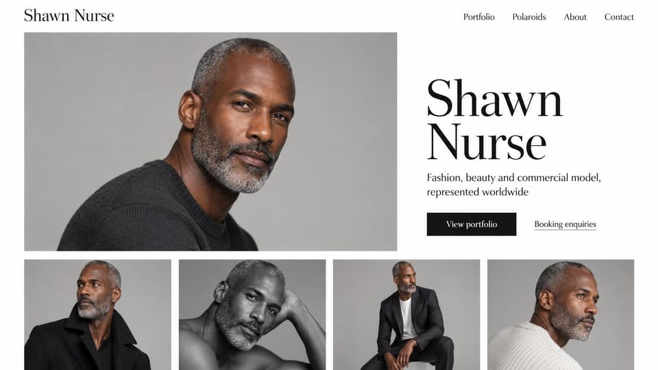 Model portfolio website design, mature male model with a portrait row: white page, a large photo of a gray-bearded man, a black serif name and a row of four more portraits