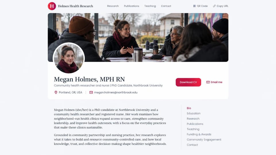 Resume website design, phD candidate with a banner photo and profile card: pale gray page, a wide photo of a community meeting, a round portrait of a woman, a white profile card with a burgundy CV button and a bio with a side menu