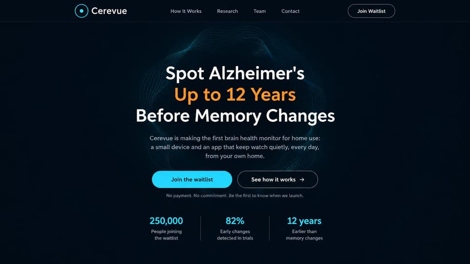 Coming soon website design, home health monitor waitlist, dark and centered: dark navy page, a faint cyan wireframe glow behind a centered white and orange headline, a cyan waitlist button and three cyan figures