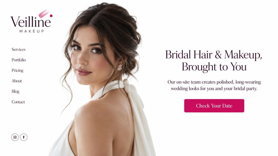 Makeup artist website design, on-site bridal team with a side menu: white page, a vertical menu on the left, a portrait of a bride, a plum serif headline and a magenta button