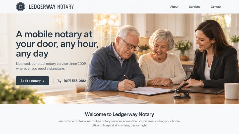 Notary website design, around-the-clock mobile notary with an older couple: pale gray page, a dark sans headline, a navy booking button, a notary with an older couple signing in a sunny kitchen
