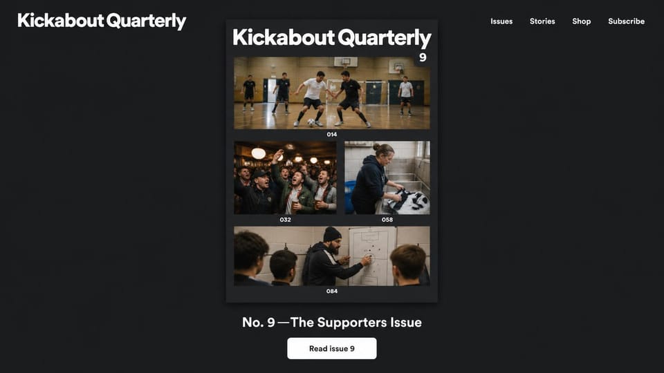 News and magazine website design, indie football magazine with its issue cover: charcoal page, bold white type, a cover collage of indoor football, fans in a pub and a coach at a whiteboard