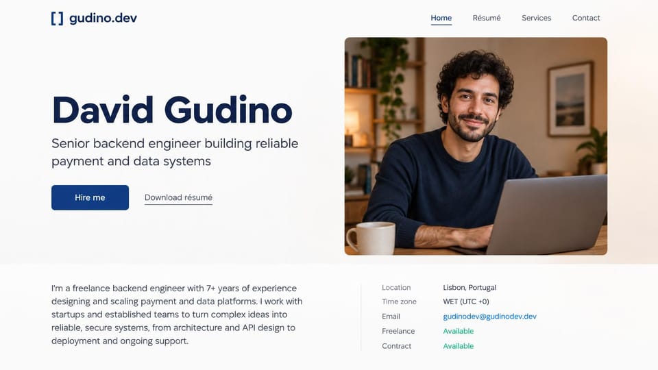 Resume website design, freelance backend engineer with an availability table: warm white page, a large navy name, a navy hire me button, a curly-haired man at a laptop and a details table with green availability