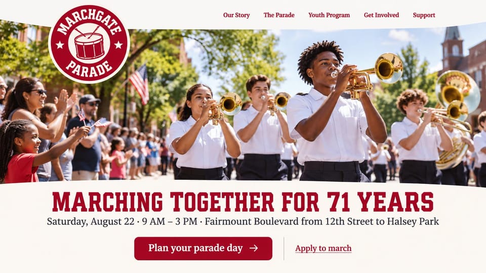 Event website design, hometown parade with a marching band: cream page, red round drum emblem, youth marching band playing for a cheering crowd, red condensed headline, red button