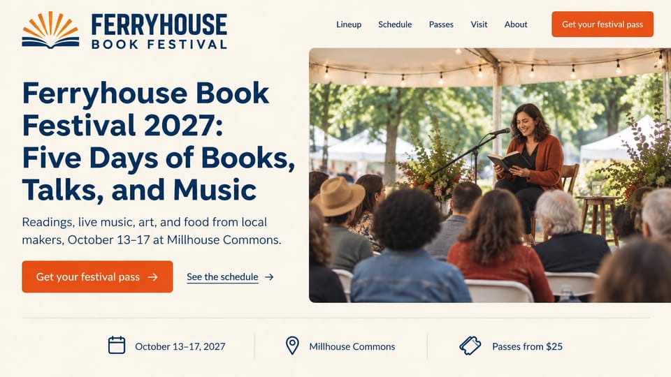 Event website design, book festival with an author reading under a tent: cream page, orange sunburst book logo, navy headline, orange pass button, rounded photo of an author reading to an audience under a tent, details row