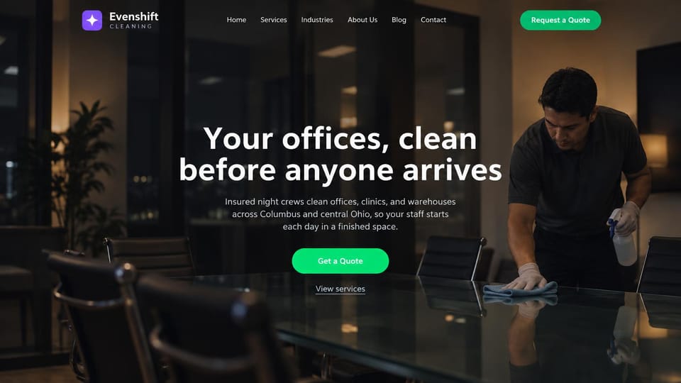 Cleaning service website design, night office cleaning in a dark boardroom: a dark boardroom at night, a centered white headline, a bright green quote button and a gloved cleaner wiping a glass conference table