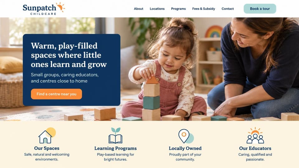 Daycare website design, childcare group with four promises under the photo: full-width photo of a toddler stacking blocks beside a teacher, a navy card with a serif headline and orange button, a cream row of four line icons